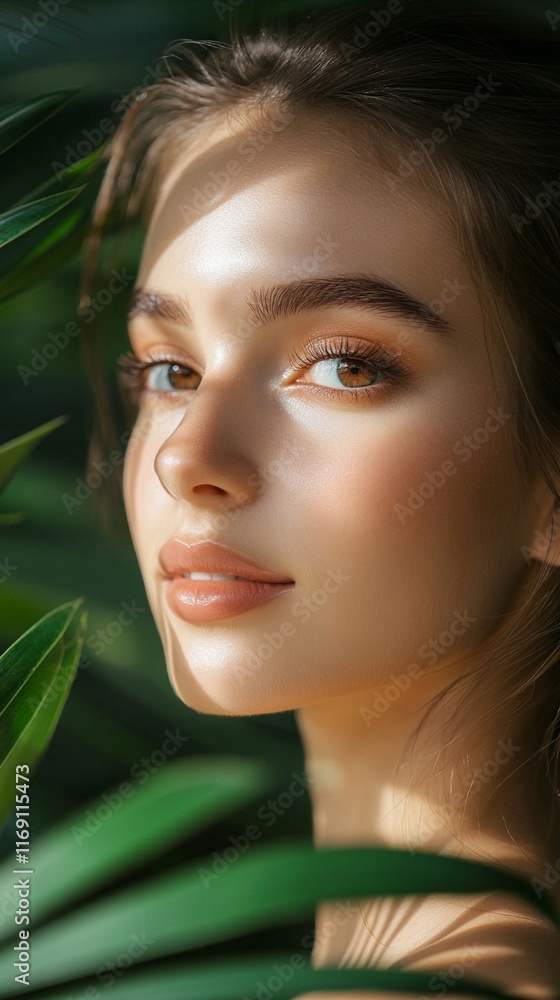 Fototapeta premium Close-up beauty portrait with natural glowing makeup and perfect skin framed by green tropical leaves, soft golden lighting creates dreamy atmosphere and highlights facial features.