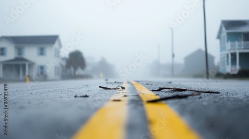 Devastation from Hurricane Along Coastal Towns with Debris on Empty Roads