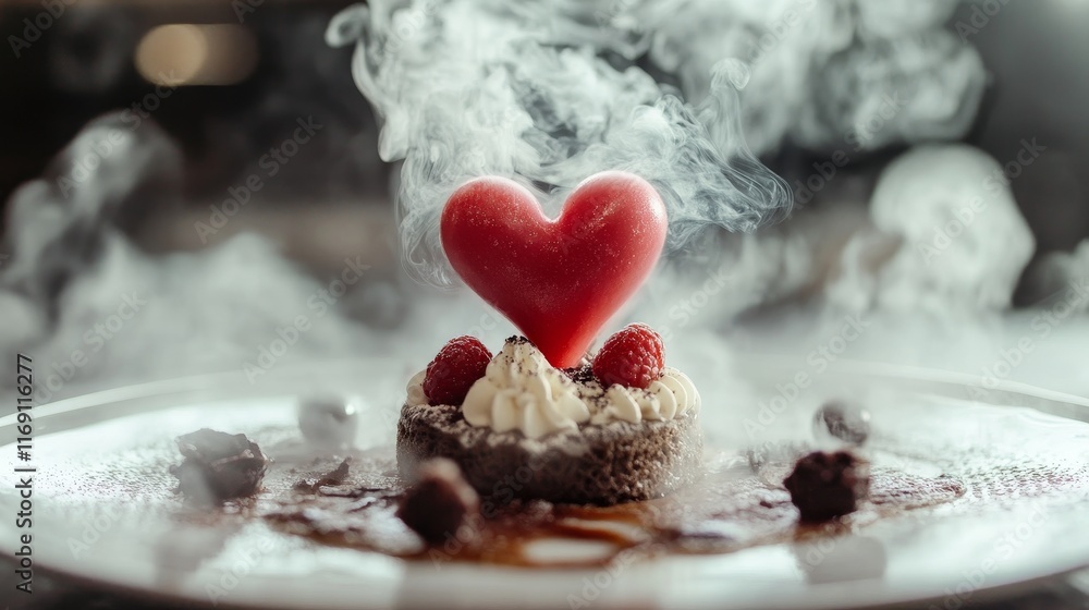 Fototapeta premium A heart shaped dessert with raspberries on top. The dessert is sitting on a plate. The dessert is surrounded by a cloud of smoke