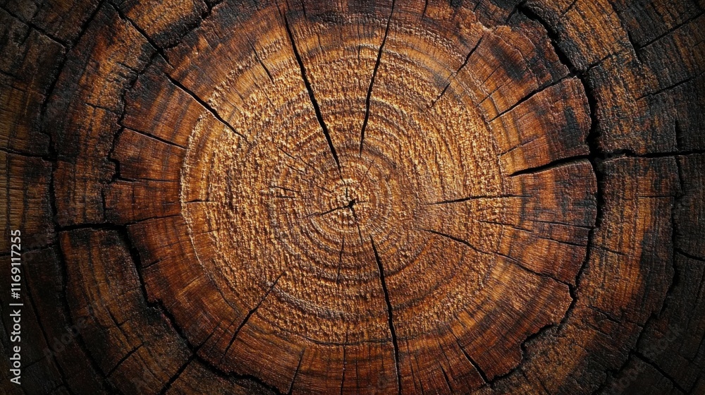 Naklejka premium Tree Rings Texture: A close-up shot of a tree stump's cross-section, showcasing intricate concentric rings and rich, dark wood grain. Perfect for rustic, nature, and vintage designs.