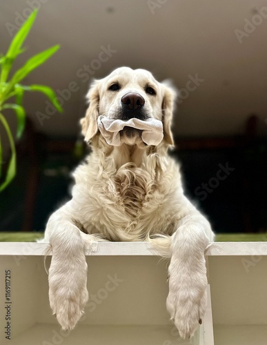 golden retriever holding a sock photo