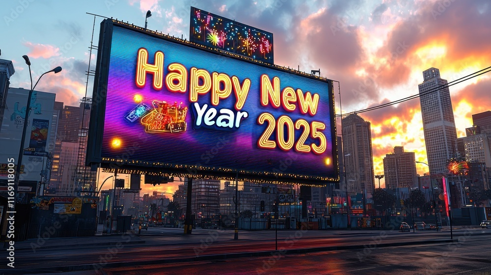 Vibrant Cityscape at Dusk with a Festive Billboard Celebrating New Year 2025 Surrounded by Modern Skyscrapers and Illuminated Streets Vibrant Cityscape at Dusk with a Festive Billboard Celebrating New Year 2025 Surrounded by Modern Skyscrapers and Illuminated Streets