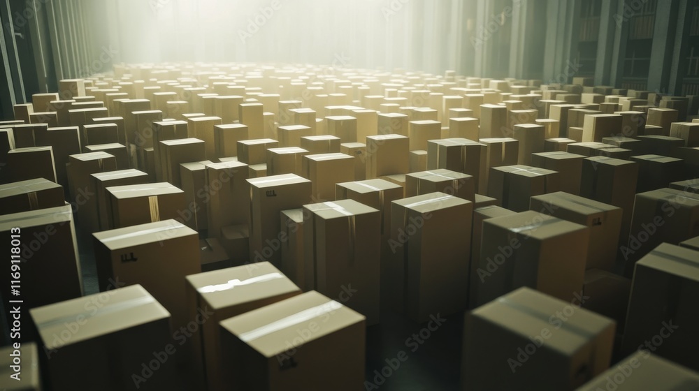 Fototapeta premium Large cardboard box packages stacked in a spacious industrial warehouse, highlighting the efficiency of goods movement and the dynamic flow of modern logistics and supply chain operations