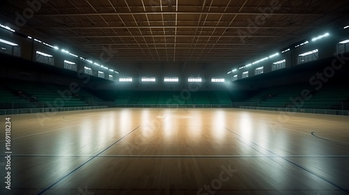 Empty Indoor Sports Arena with Wooden Floor and Green Seats