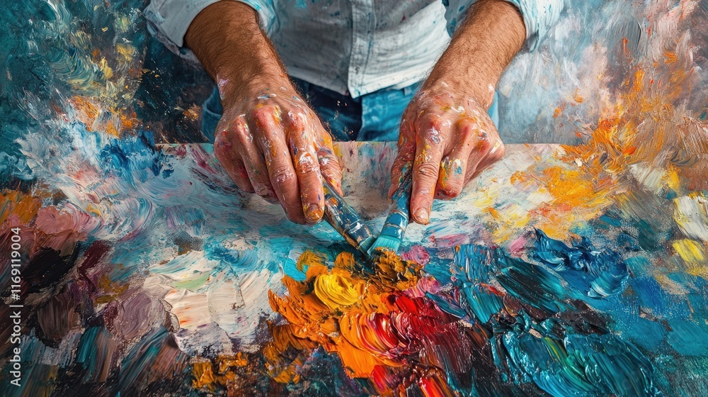Close-up of a painter's hands mixing colors on a palette, with splashes of paint creating an inspiring backdrop of creativity and skill Close-up of a painter's hands mixing colors on a palette, with splashes of paint creating an inspiring backdrop of creativity and skill