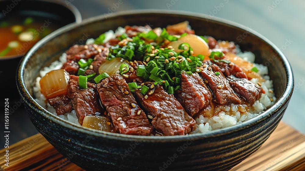 Rustic Japanese cuisine scene featuring large bowl of gyudon with tender beef slices onions and green onions served over a bed of rice accompanied by a small bowl of miso soup Rustic Japanese cuisine scene featuring large bowl of gyudon with tender beef slices onions and green onions served over a bed of rice accompanied by a small bowl of miso soup