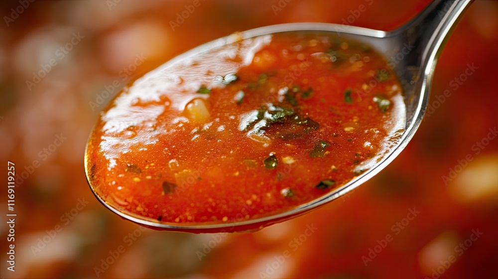 Close-up of a spoonful of tomato soup with vibrant red color, emphasizing its rich and velvety texture Close-up of a spoonful of tomato soup with vibrant red color, emphasizing its rich and velvety texture
