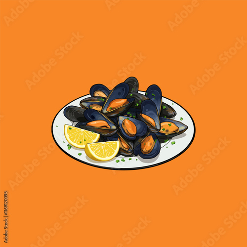 A plate of delicious steamed mussels garnished with lemon wedges and chives is shown against an orange background.