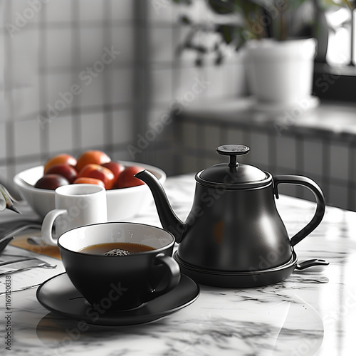 A matte black gooseneck kettle paired with a matching cup and saucer sits on a marble countertop. A bowl of fresh apples and a tiled backsplash add a cozy, modern touch to the kitchen scene. photo