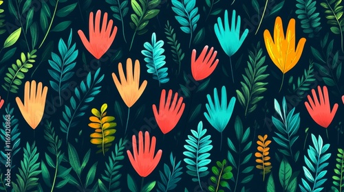 Growth, Hope, Community Vibrant Hands Reach Upwards in a Seamless Pattern, Illustration