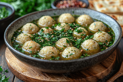 Matzo ball soup in a bowl with fresh parsley for Jewish holiday Pesach or Passover. photo