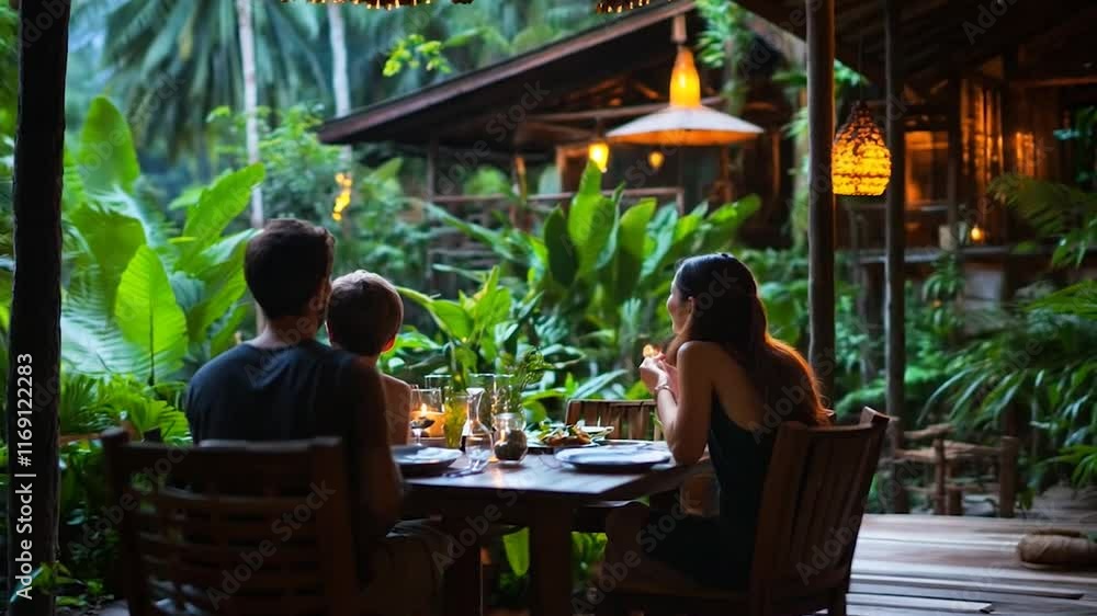 A family enjoying an intimate dinner amidst lush tropical greenery, with warm ambient lighting creating a cozy, serene atmosphere A family enjoying an intimate dinner amidst lush tropical greenery, with warm ambient lighting creating a cozy, serene atmosphere