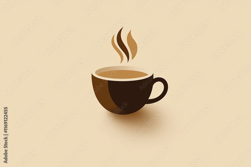 Fototapeta premium A minimalist illustration of a steaming cup of coffee made with smooth vector lines. The cup is placed centrally on a light beige background. The color scheme uses earthy browns and creamy whites.