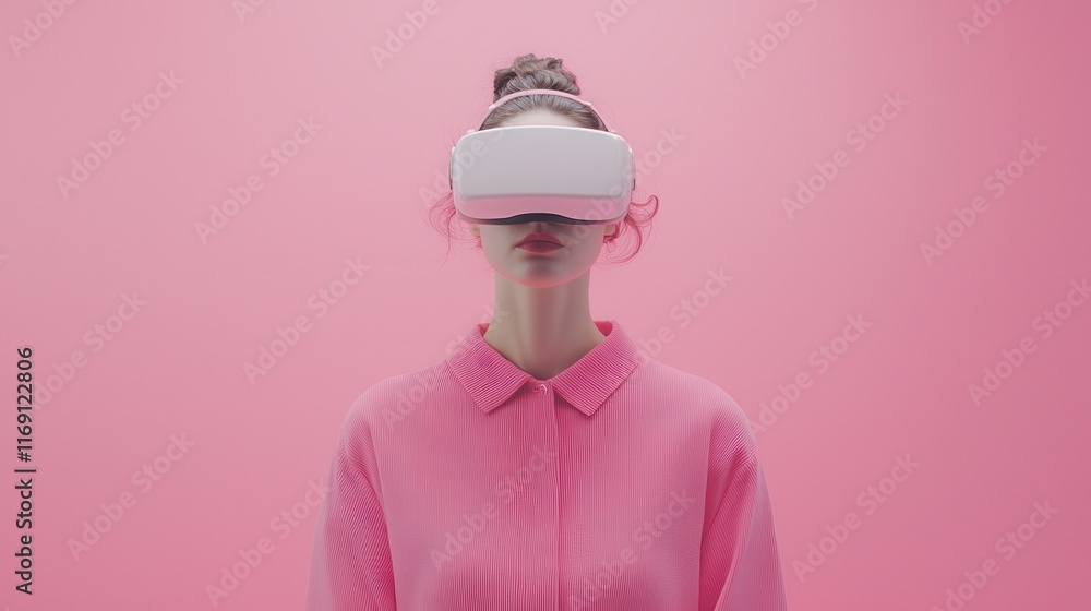 Obraz premium Young Woman Engaged in Virtual Reality Experience Against Pink Background for Event Archiving