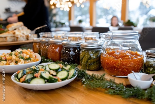 An inviting setting showcasing gourmet jars filled with assorted preserves and side salads, perfect for meal enhancements and gastronomic creativity in a cozy ambience. photo