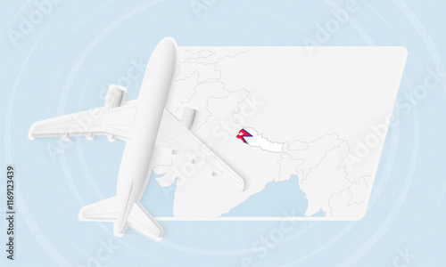 Nepal Travel Illustration with Plane and National Flag. Airplane Flying Over Nepal Map.