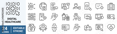 Digital healthcare and telemedicine web line icons. editable stroke. vector illustration. 