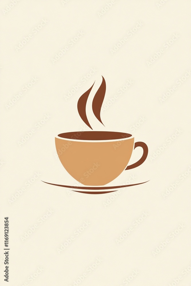 Fototapeta premium A minimalist illustration of a steaming cup of coffee made with smooth vector lines. The cup is placed centrally on a light beige background. The color scheme uses earthy browns and creamy whites.