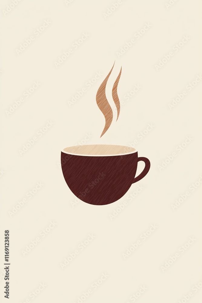 Obraz premium A minimalist illustration of a steaming cup of coffee made with smooth vector lines. The cup is placed centrally on a light beige background. The color scheme uses earthy browns and creamy whites.