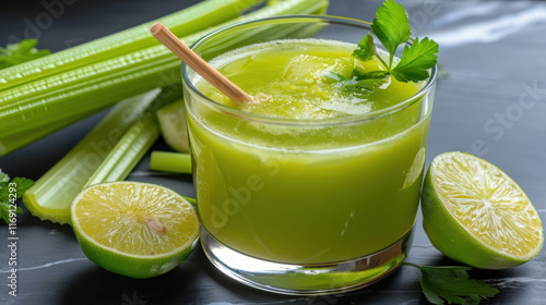 A glass of vibrant green celery and lime juice garnished with parsley leaves and surrounded by fresh lime halves and celery stalks on a dark background.
 photo