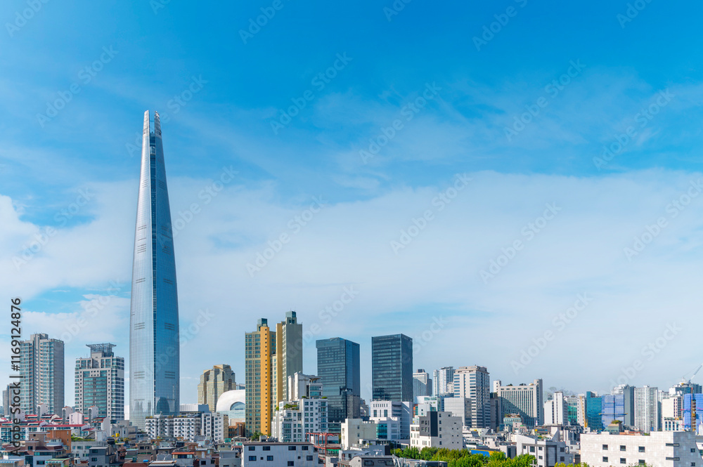 Seoul cityscapes, skyline, high rise office buildings and skyscrapers with blue sky and cloud in Seoul city, winter daylight, top view in winter, Seoul, Republic of Korea,.