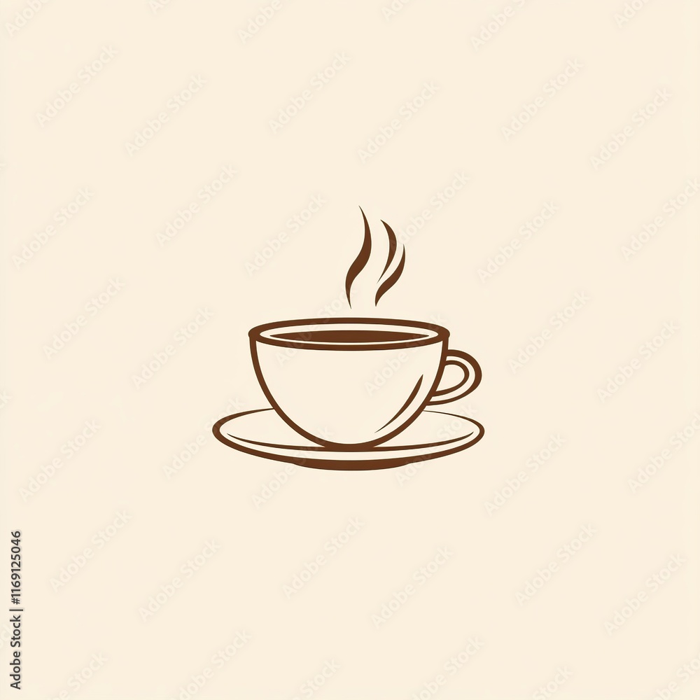 Obraz premium A minimalist illustration of a steaming cup of coffee made with smooth vector lines. The cup is placed centrally on a light beige background. The color scheme uses earthy browns and creamy whites.