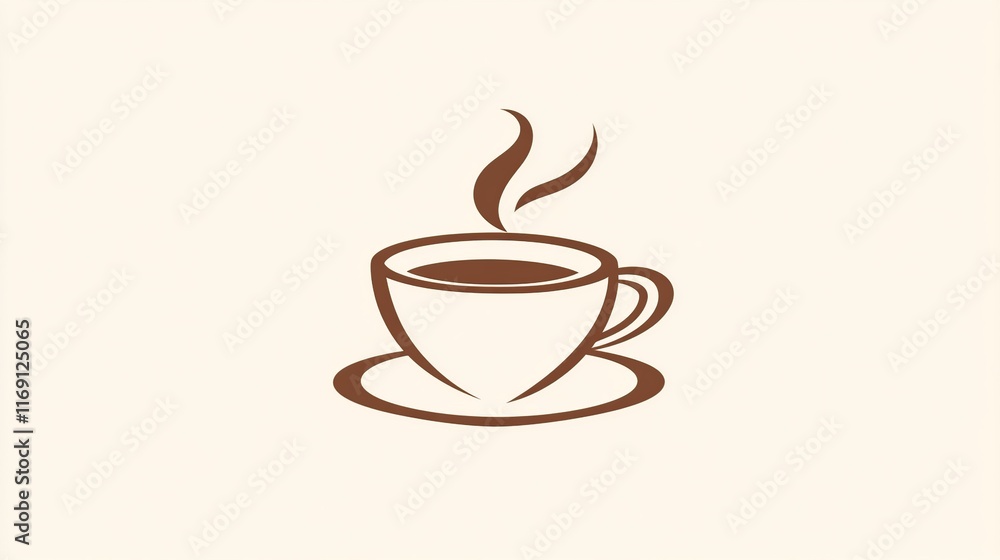 Obraz premium A minimalist illustration of a steaming cup of coffee made with smooth vector lines. The cup is placed centrally on a light beige background. The color scheme uses earthy browns and creamy whites.