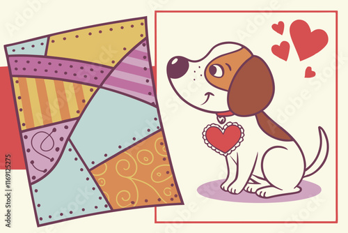 A cute dog with a heart. Valentine card with a romantic animal in a felt art patchwork quilt. colorful expressionist style