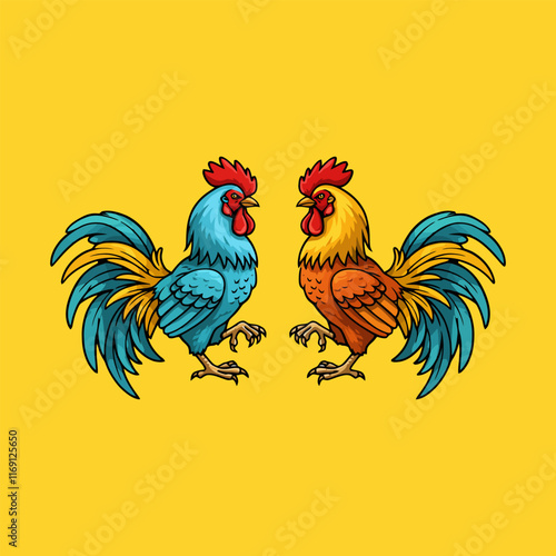 A stylized illustration depicts two roosters, one blue and one orange, facing each other in an aggressive stance.