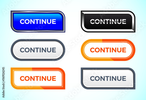 Continue button set of different shapes and colors. Suitable for mobile app, and website UI design.