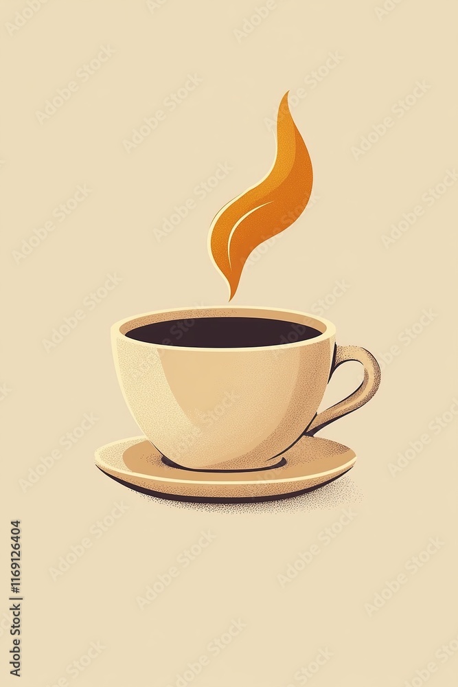 Obraz premium A minimalist illustration of a steaming cup of coffee made with smooth vector lines. The cup is placed centrally on a light beige background. The color scheme uses earthy browns and creamy whites.