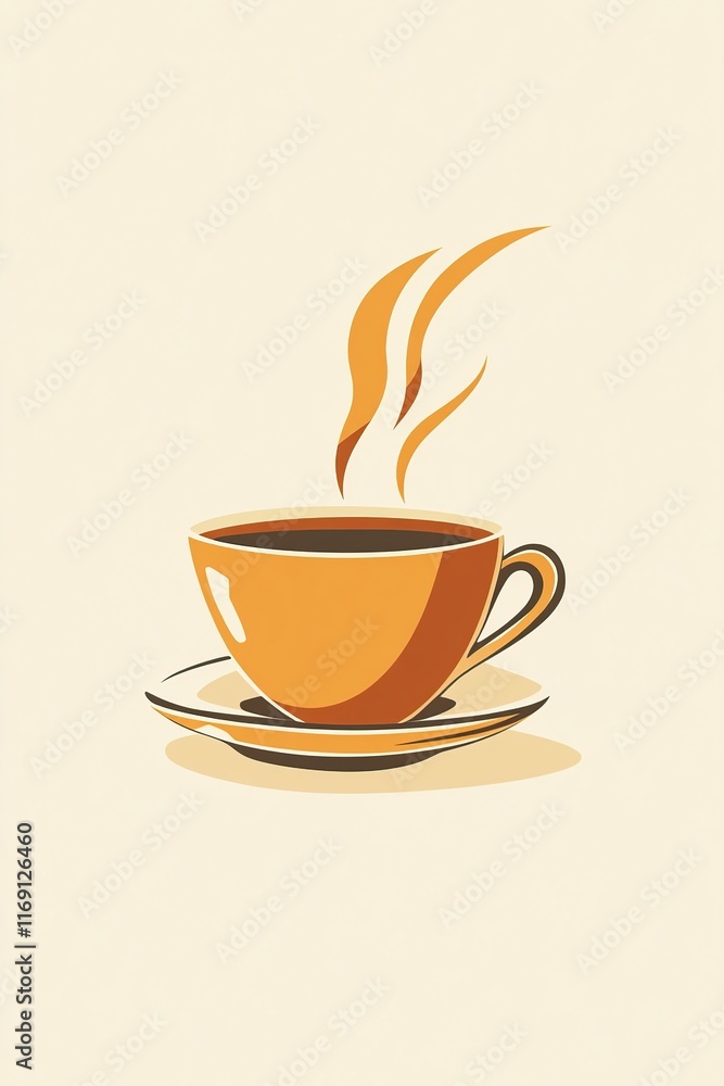 Fototapeta premium A minimalist illustration of a steaming cup of coffee made with smooth vector lines. The cup is placed centrally on a light beige background. The color scheme uses earthy browns and creamy whites.