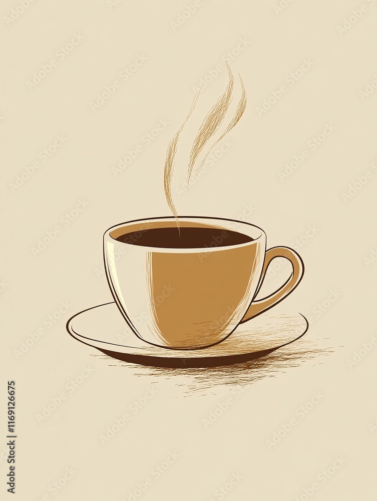 Obraz premium A minimalist illustration of a steaming cup of coffee made with smooth vector lines. The cup is placed centrally on a light beige background. The color scheme uses earthy browns and creamy whites.