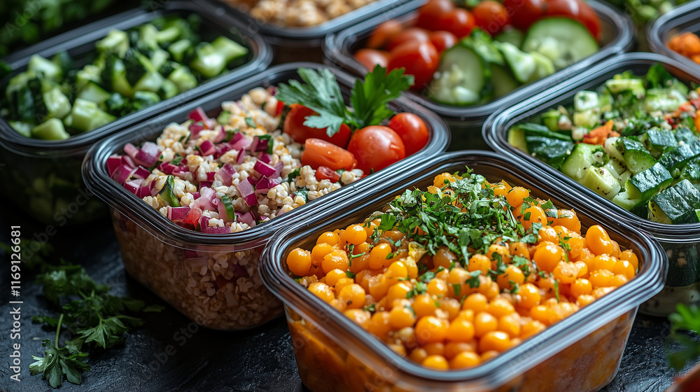 Several plastic containers are filled with pre-made salads, viewed from above Several plastic containers are filled with pre-made salads, viewed from above