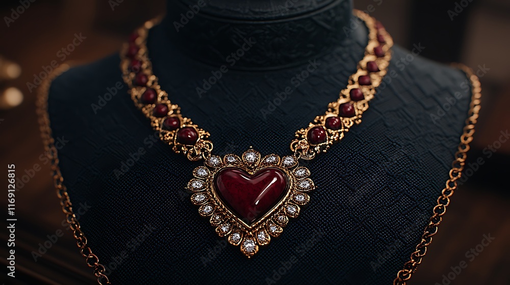 Elegant gold necklace with a heart-shaped red gemstone pendant, displayed on a black mannequin. Elegant gold necklace with a heart-shaped red gemstone pendant, displayed on a black mannequin.