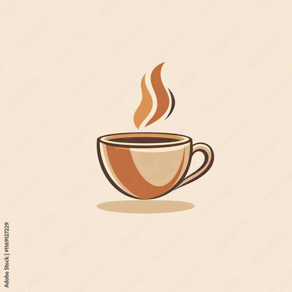 Fototapeta premium A minimalist illustration of a steaming cup of coffee made with smooth vector lines. The cup is placed centrally on a light beige background. The color scheme uses earthy browns and creamy whites.