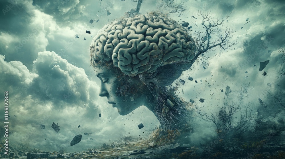 Stone head, brain tree, stormy clouds, debris falling. Stone head, brain tree, stormy clouds, debris falling.