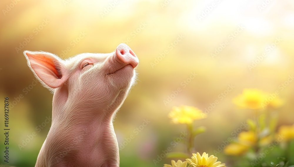 Happy Piglet Enjoys Sunlight in Field of Yellow Flowers. Copy Space for Text Placement Happy Piglet Enjoys Sunlight in Field of Yellow Flowers. Copy Space for Text Placement