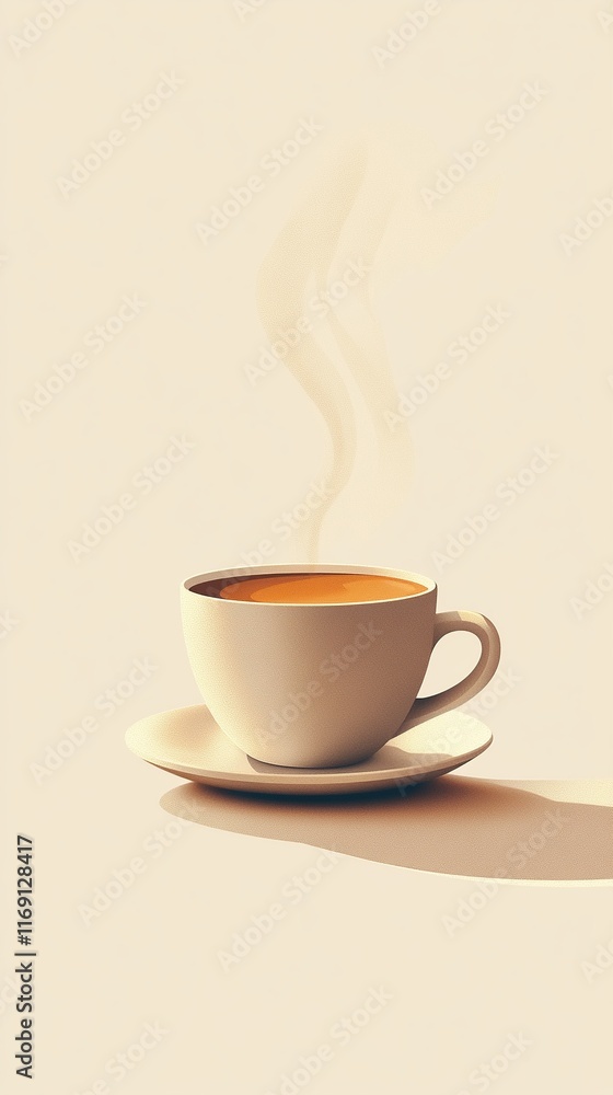 A minimalist illustration of a steaming cup of coffee made with smooth vector lines. The cup is placed centrally on a light beige background. The color scheme uses earthy browns and creamy whites. A minimalist illustration of a steaming cup of coffee made with smooth vector lines. The cup is placed centrally on a light beige background. The color scheme uses earthy browns and creamy whites.