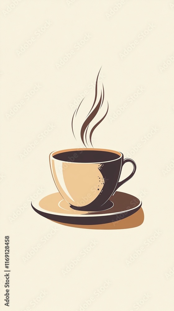 Obraz premium A minimalist illustration of a steaming cup of coffee made with smooth vector lines. The cup is placed centrally on a light beige background. The color scheme uses earthy browns and creamy whites.