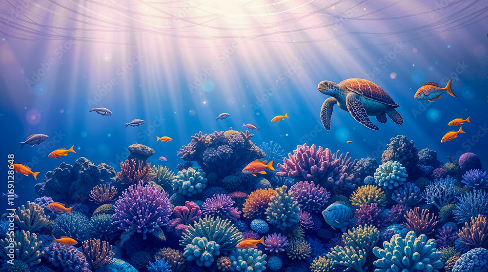 Naklejka premium An illustration of a coral reef with fish and turtles