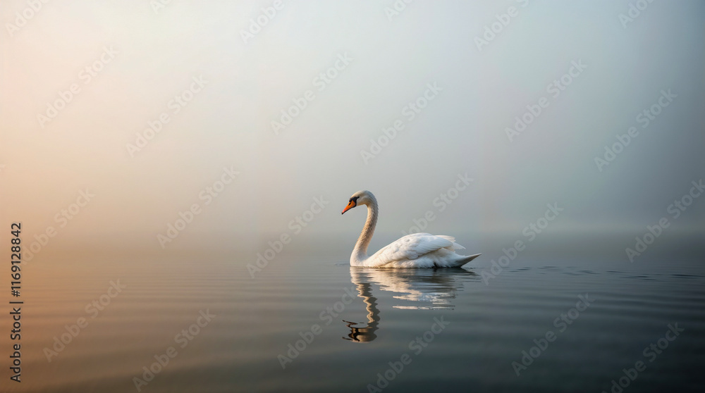 Fototapeta premium Serene image of a swan on the tranquil waters of a lake in the early morning