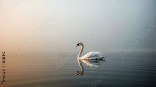 Fototapeta Naklejka Na Ścianę i Meble -  Serene image of a swan on the tranquil waters of a lake in the early morning