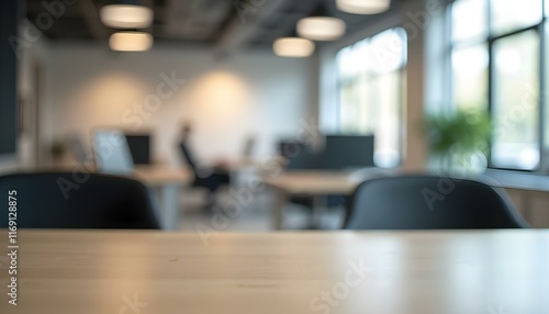 Fondo de oficina desenfocado con mesa en primer plano