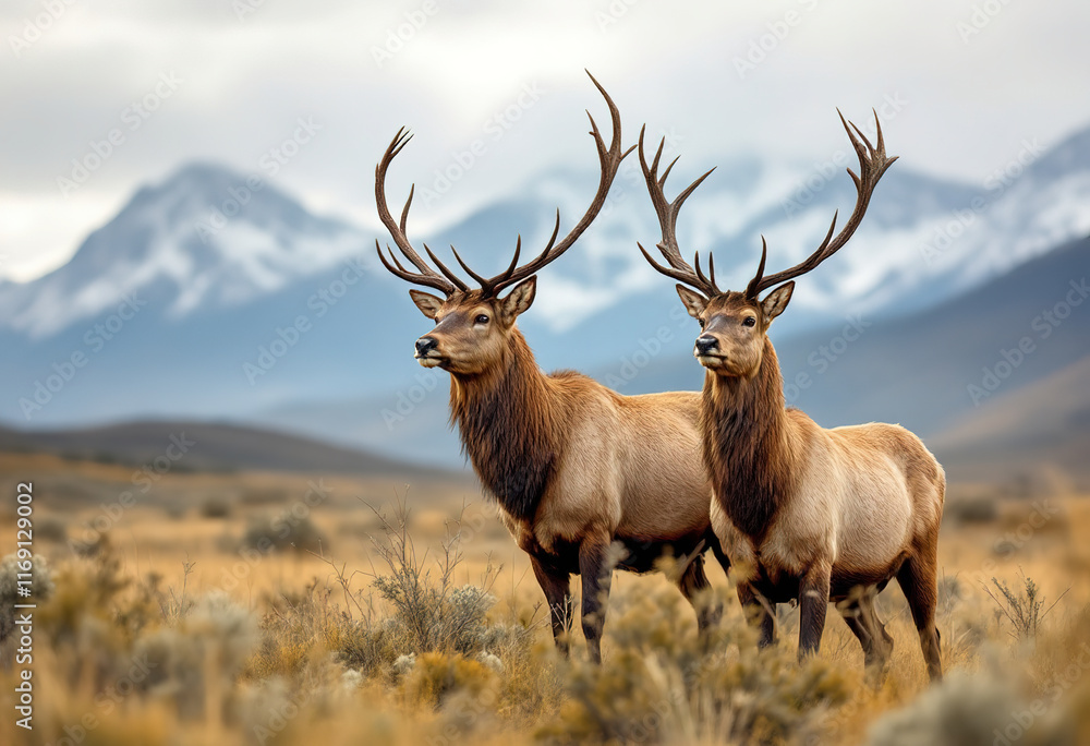 Two elk standing in a grassy field with mountains and cloudy sky in the background Two elk standing in a grassy field with mountains and cloudy sky in the background