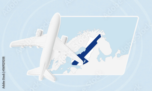 Finland Travel Illustration with Plane and National Flag. Airplane Flying Over Finland Map.