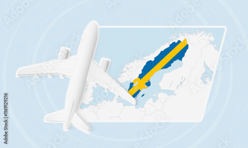 Sweden Travel Illustration with Plane and National Flag. Airplane Flying Over Sweden Map.