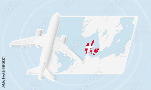 Denmark Travel Illustration with Plane and National Flag. Airplane Flying Over Denmark Map.