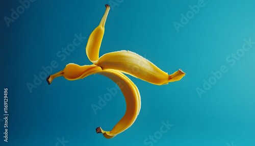 Banana peel on a blue background, the ultimate slipping hazard, with a touch of humor and slapstick comedy photo