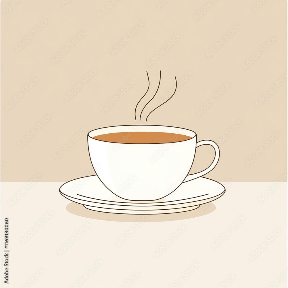 Obraz premium A minimalist illustration of a steaming cup of coffee made with smooth vector lines. The cup is placed centrally on a light beige background. The color scheme uses earthy browns and creamy whites.